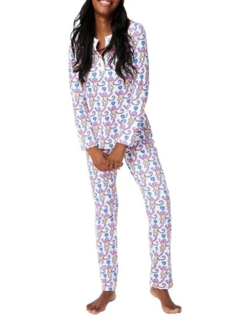 Roller Rabbit Lovely Monkey Pima Cotton Long Sleeve Pajamas Size SMALL Women's